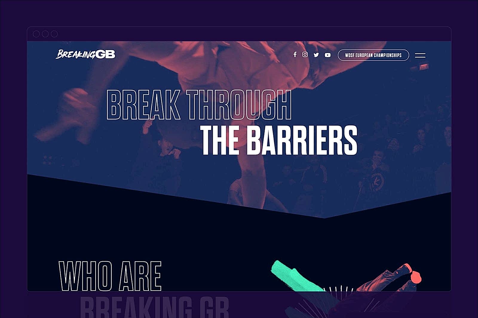 Breaking GB website design - Break through the barriers, who are breaking GB. Red and Blue graphic of people breaking.