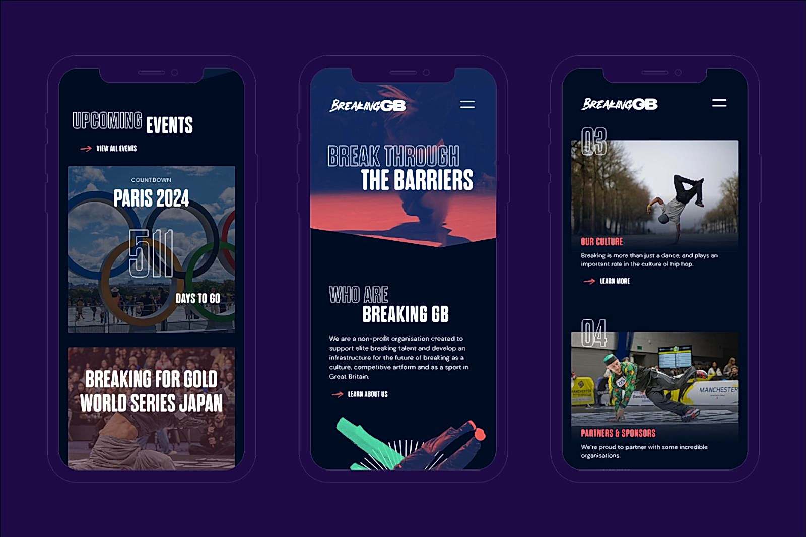 Three phone screens showing the Breaking GB website - Paris 2024, Breaking for Gold World Series Japan.