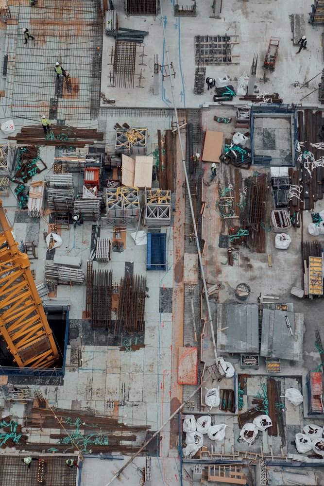 Birds eye view of the building site at Swan Street House, Manchester. Builders are working, ready for concrete to be poured