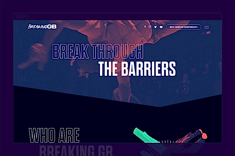 Breaking GB website design - Break through the barriers, who are breaking GB. Red and Blue graphic of people breaking.