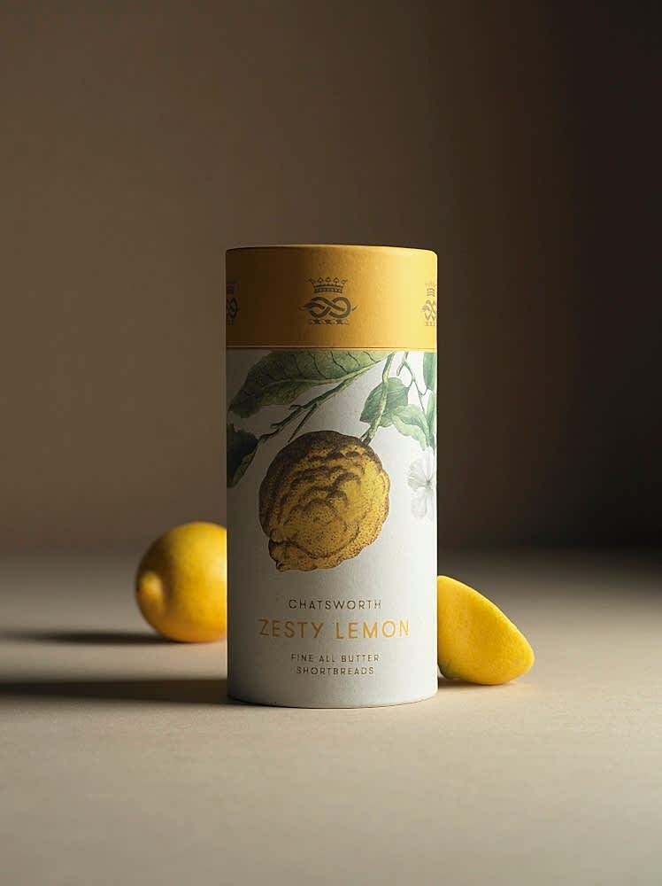 Chatsworth Zesty Lemon, Fine All Butter Shortbread in an elegant cardboard tube with a historical image of a lemon.